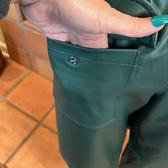 Pilcro for Anthropologie Dark Green Faux Leather Soft Parachute Pants, LP! - Picture 8 of 10
